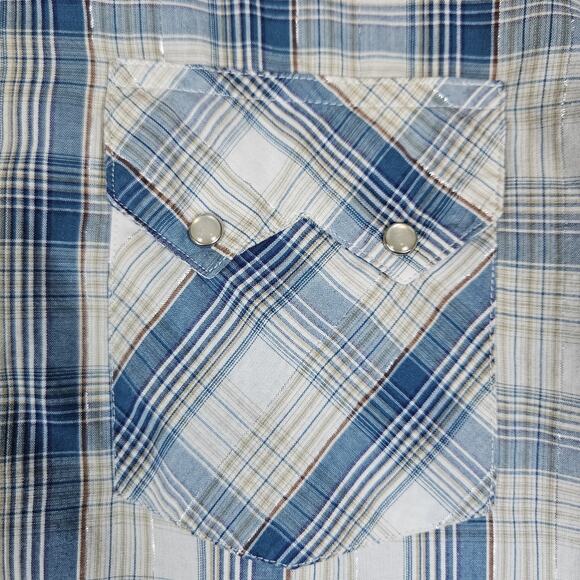 Rustler by Wrangler Mens Pearl Snap Plaid Cotton Western Cowboy Metallic Blue S - Picture 5 of 15